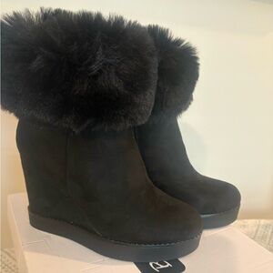BAMBOO Black Wedge Boots with Faux Fur